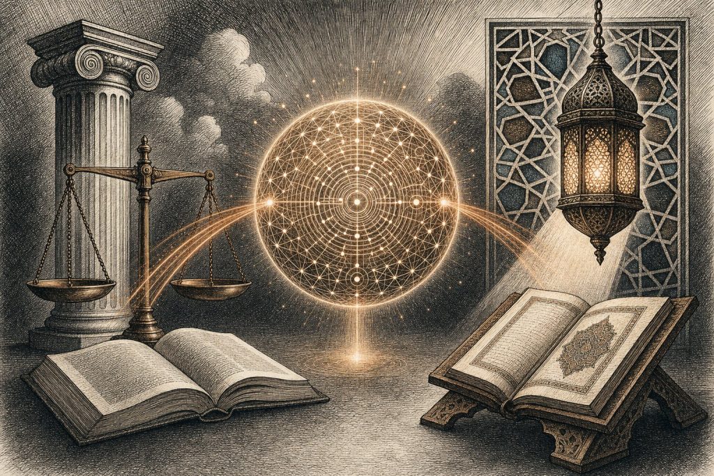 Western philosophy and Islamic scholarship offering moral guidance to a glowing artificial mind