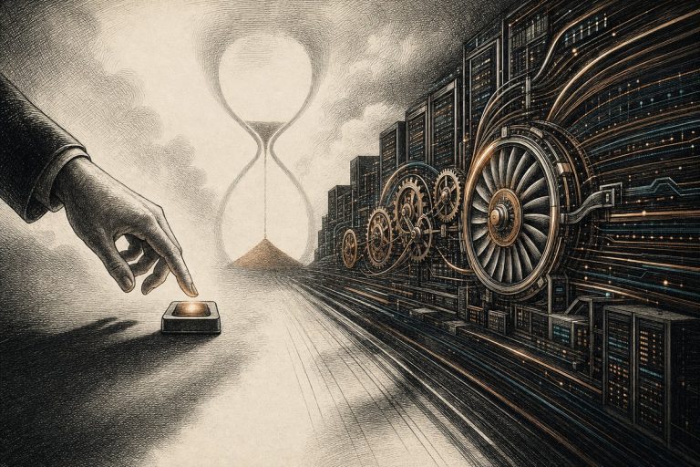 A human hand hesitates over a glowing key while modern machinery races ahead, an hourglass looming behind
