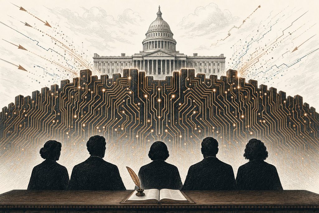 Editorial illustration: five silhouetted leaders at a signing table before a circuit-board rampart shielding the U.S. Capitol from incoming attacks
