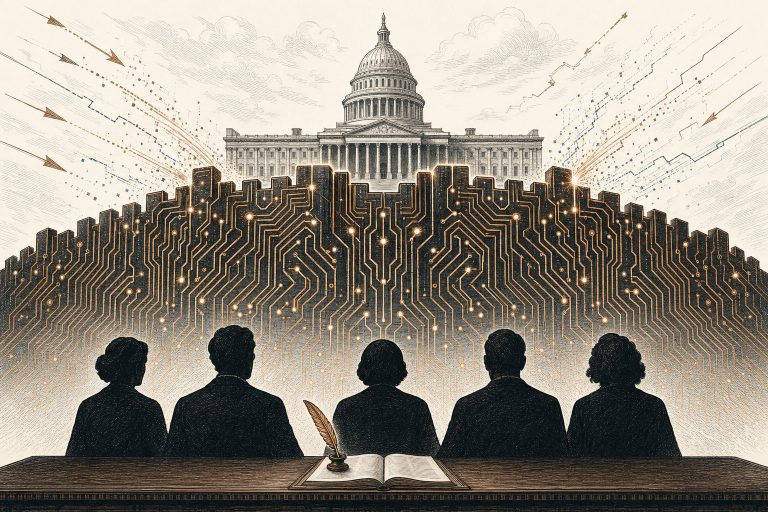 Editorial illustration: five silhouetted leaders at a signing table before a circuit-board rampart shielding the U.S. Capitol from incoming attacks