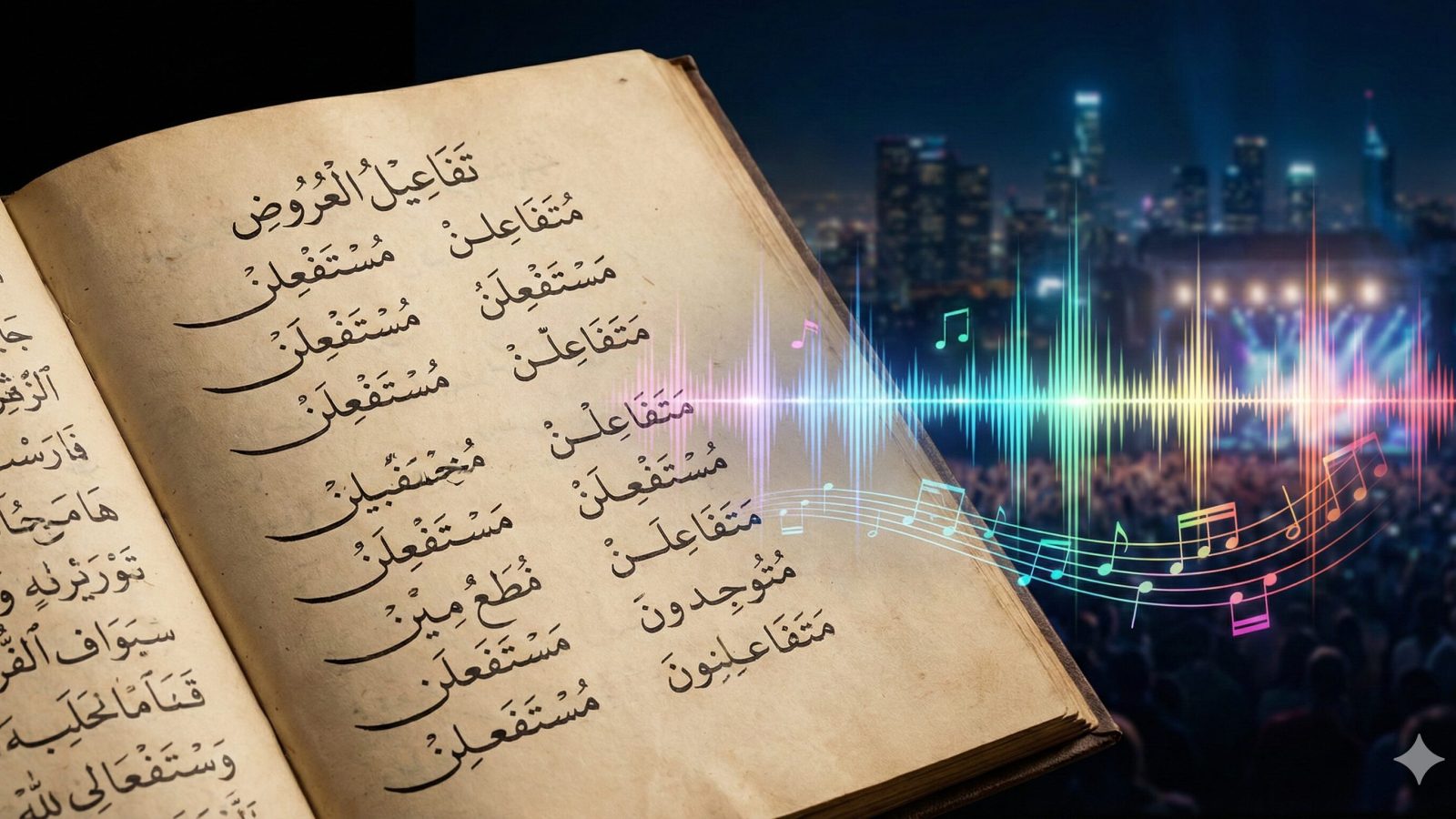 صورة فنية تدمج بين "المخطوطة القديمة" و"موجات الصوت الحديثة". تخيل كلمات عربية مكتوبة بخط عربي أصيل تخرج من ورقة بردي قديمة وتتحول تدريجياً إلى موجات صوتية رقمية ملونة (Sound Waves) تشبه تلك التي نراها في تطبيقات الموسيقى.