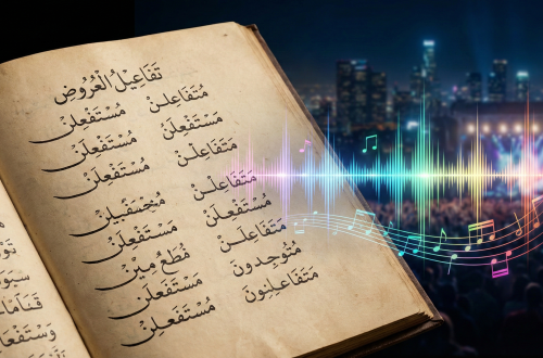 صورة فنية تدمج بين "المخطوطة القديمة" و"موجات الصوت الحديثة". تخيل كلمات عربية مكتوبة بخط عربي أصيل تخرج من ورقة بردي قديمة وتتحول تدريجياً إلى موجات صوتية رقمية ملونة (Sound Waves) تشبه تلك التي نراها في تطبيقات الموسيقى.