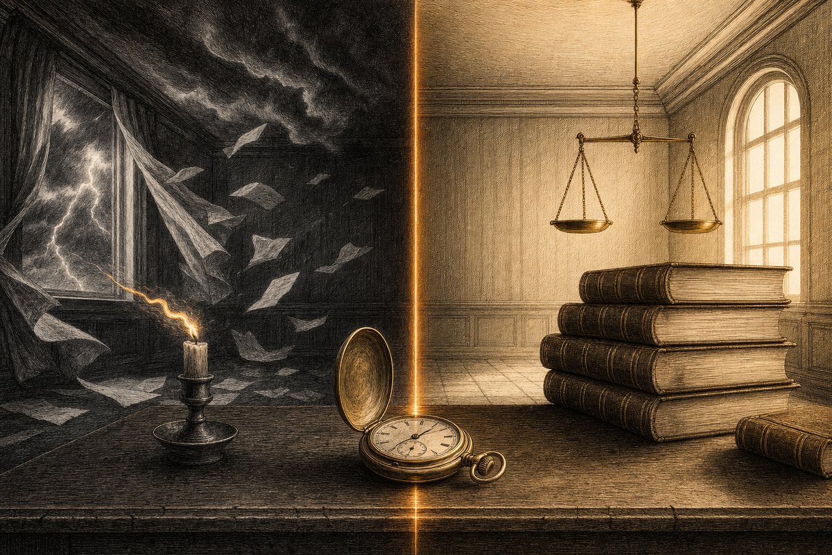 رسم محفور يقسمه خيط ضوء نحاسي: في جهته المعتمة عاصفة وأوراق متطايرة وشمعة تكاد تنطفئ، وفي جهته المضيئة ميزان نحاسي مستوٍ ومجلدات قانونية مرتبة، وفي المنتصف ساعة جيب مفتوحة توقفت عقاربها